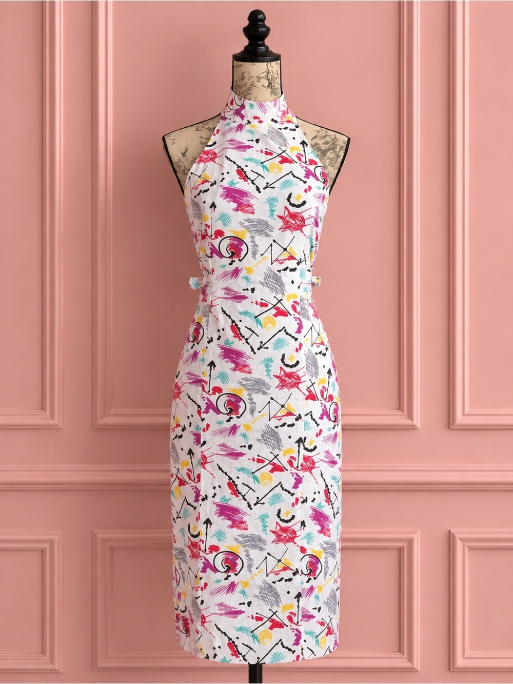 Vintage 80s Le Château Colorful Halter Neck Dress with Buckle Details Size XS